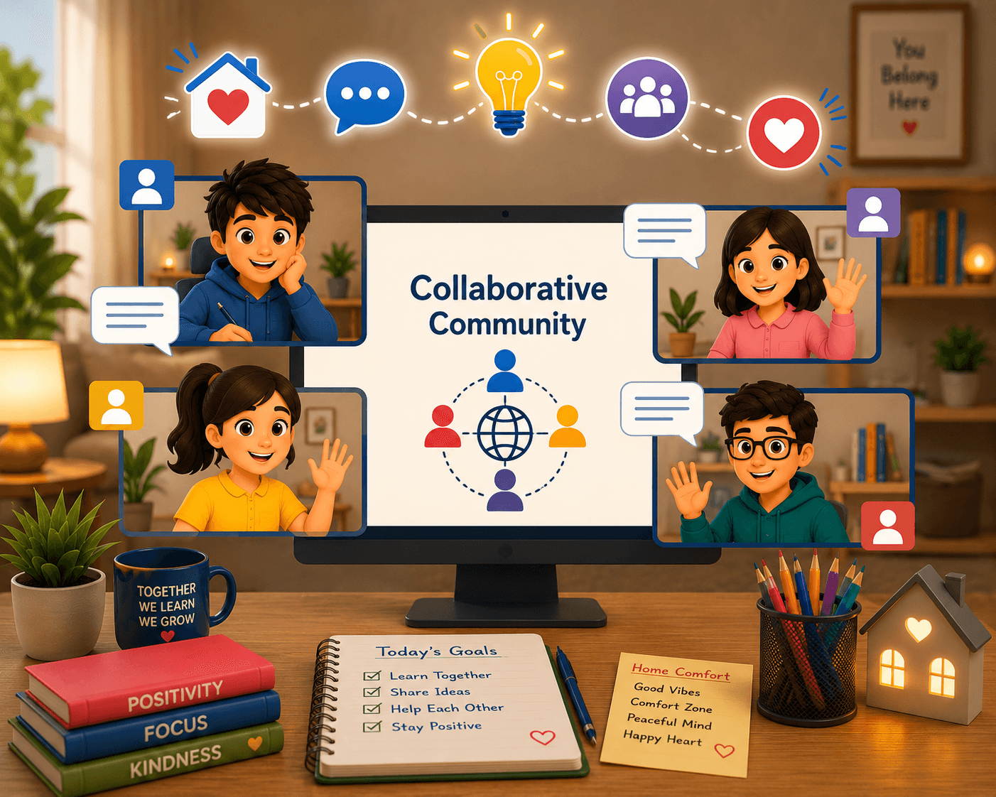 Students collaborating together in an online learning group