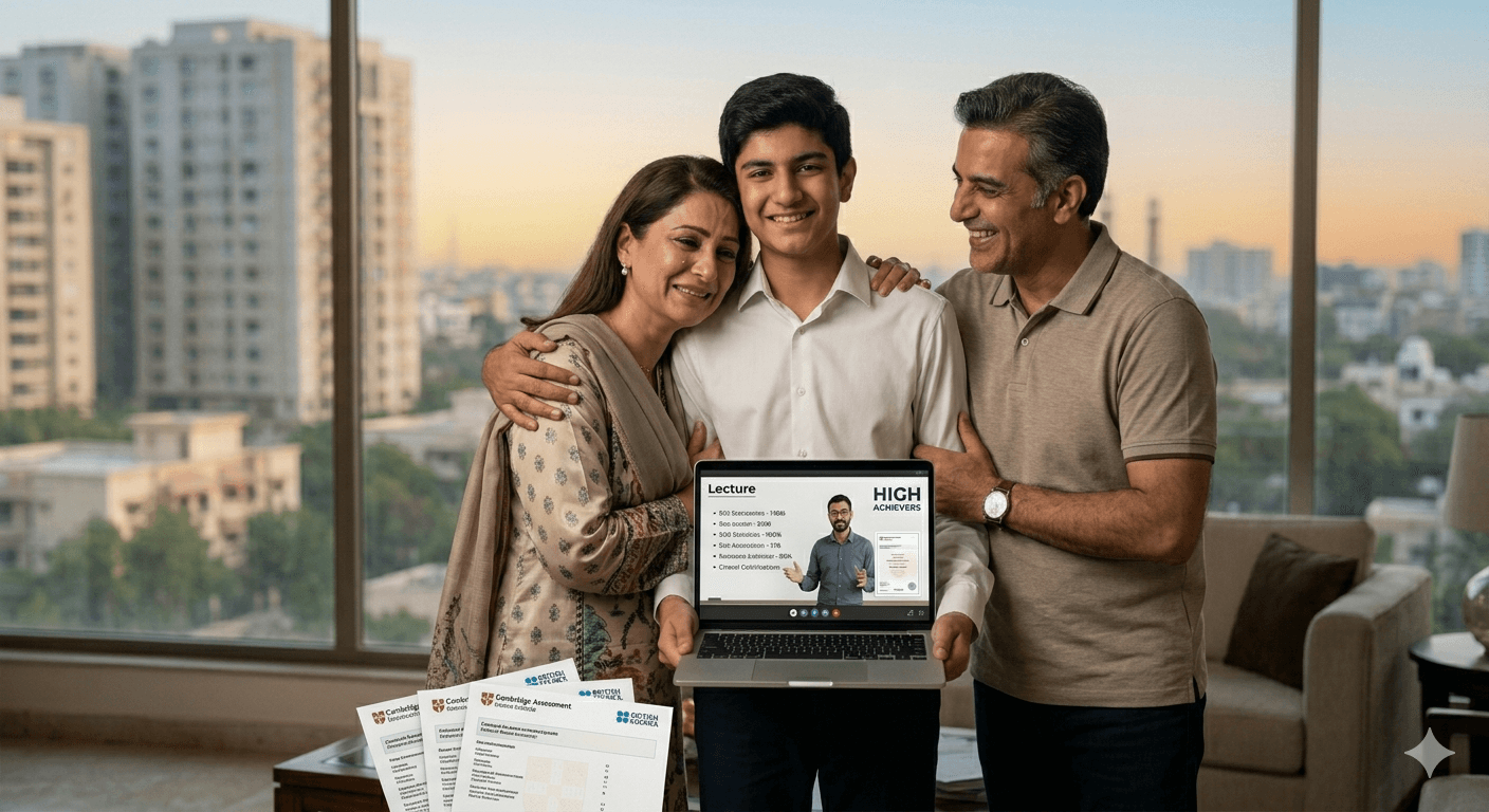 Family celebrating student success with certificates