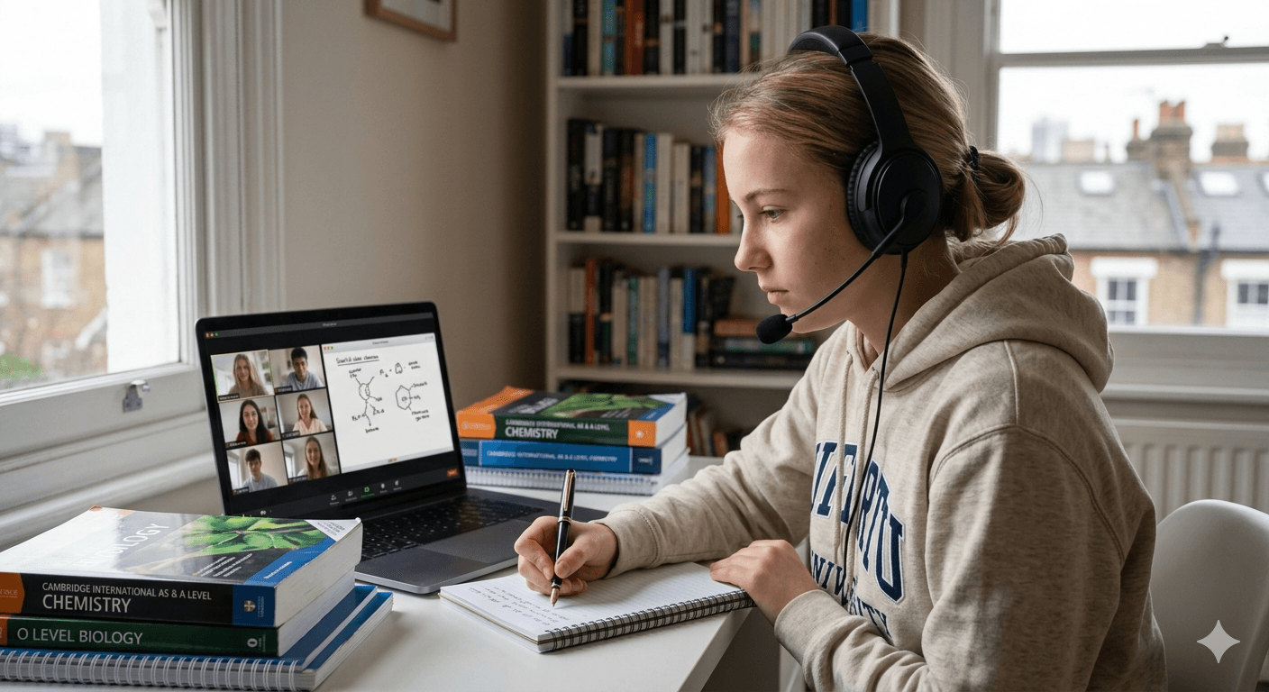 Student in live Edexcel A Level class with textbooks