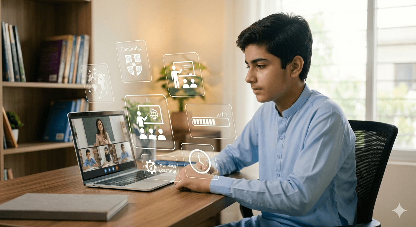 Student in personalized virtual classroom with learning tools