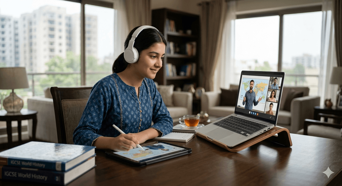 Student learning at home with laptop, tablet, and headphones during a live virtual class