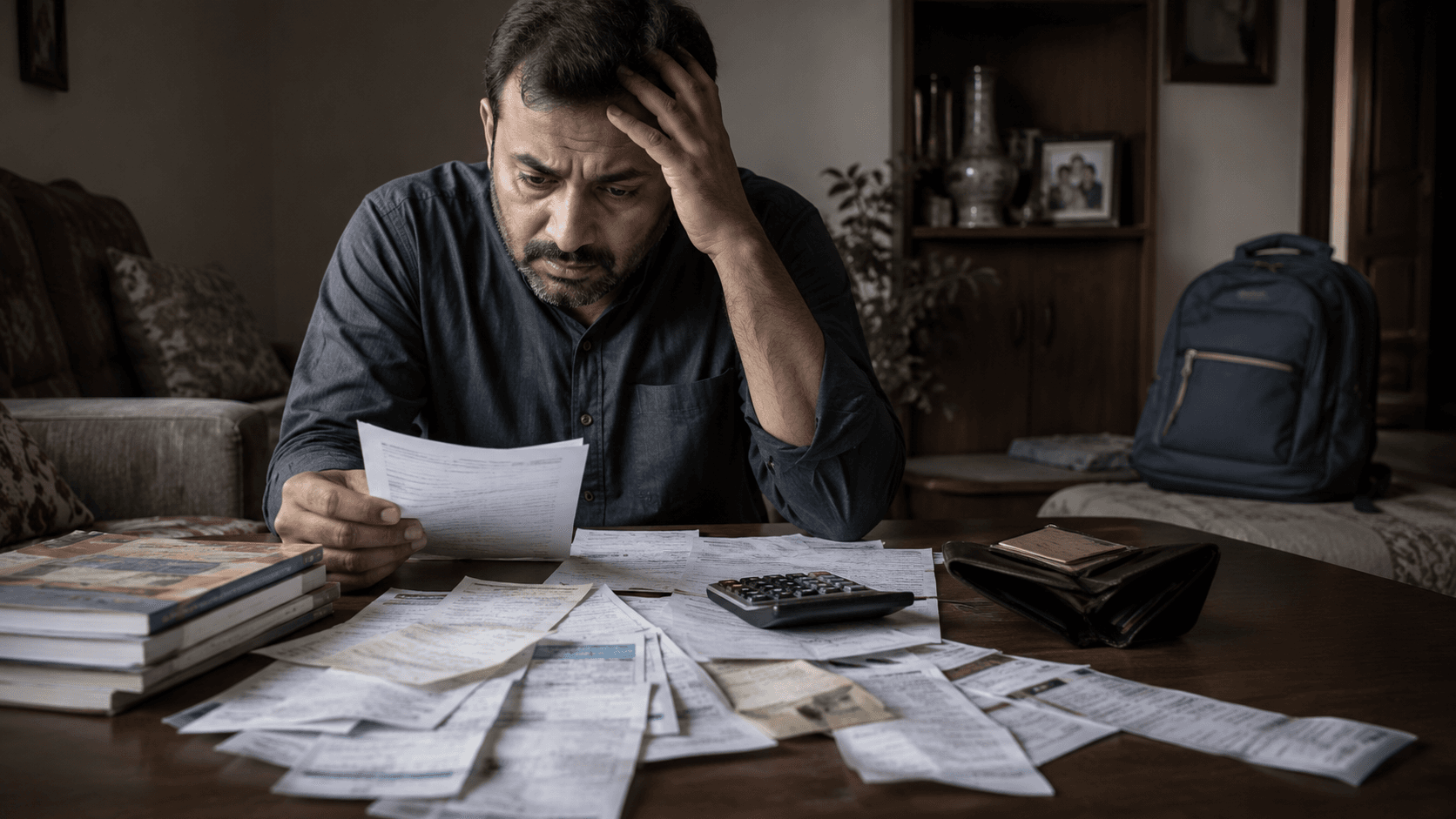 Parent facing stacked school fees, tuition, and transport bills